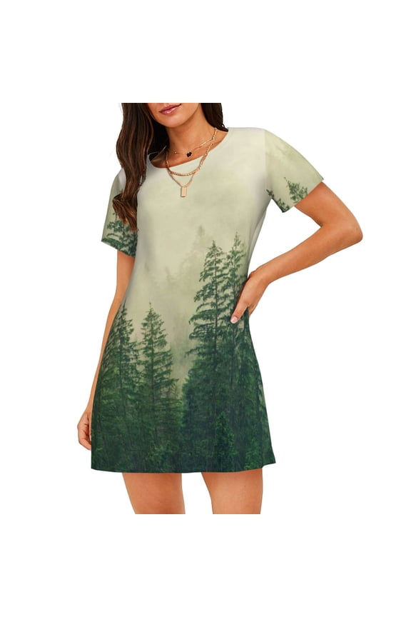 Fog Forest Print Nightgowns for Women,Soft Short-Sleeved Lightweight Sleepwear, Loose Sleepshirts