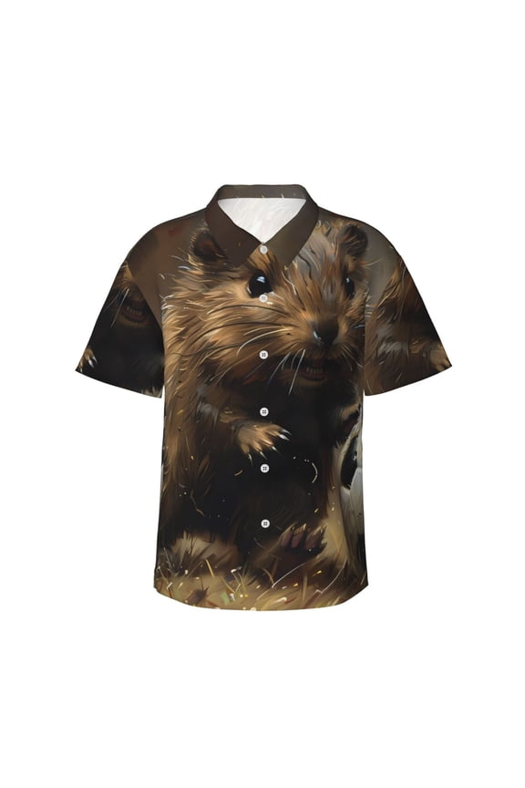 Football Loving Hamster Print Mens Hawaiian Shirts,Loose-Fit Short Sleeve Button Down Tropical Aloha Beach Shirt,Summer Vacation Wedding Tops,