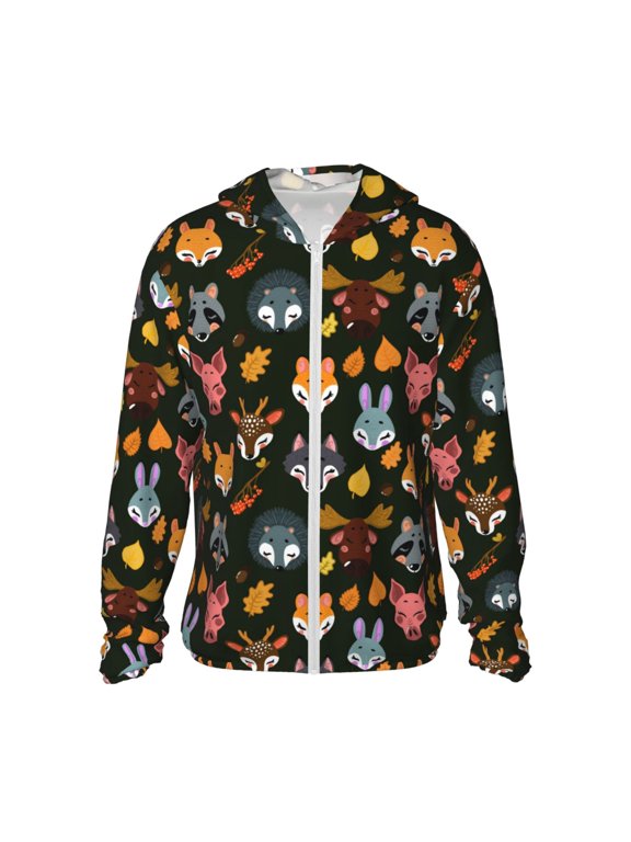 Forest Animal Faces Print Men's Women Light Jacket Full Zip Sun Protection Hoodie Long Sleeve Sun Shirts for Men Hiking Fishing Zip Pockets-