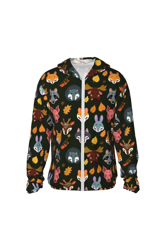 Forest Animal Faces Print Men's Women Light Jacket Full Zip Sun Protection Hoodie Long Sleeve Sun Shirts for Men Hiking Fishing Zip Pockets-