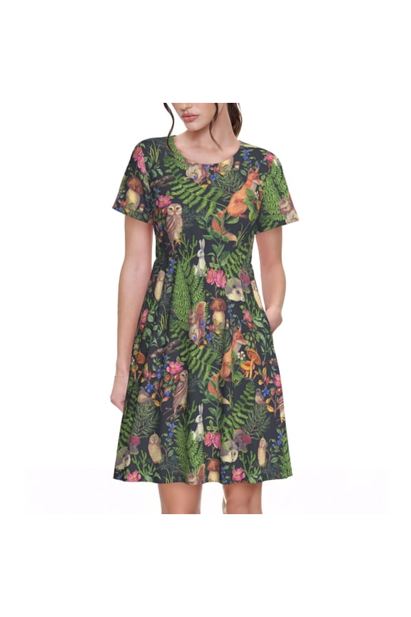 Forest Animals And Plants Print Womens Summer Dress,Casual Short Sleeve Sundresses,Beach A-line Shift Dress with Pockets