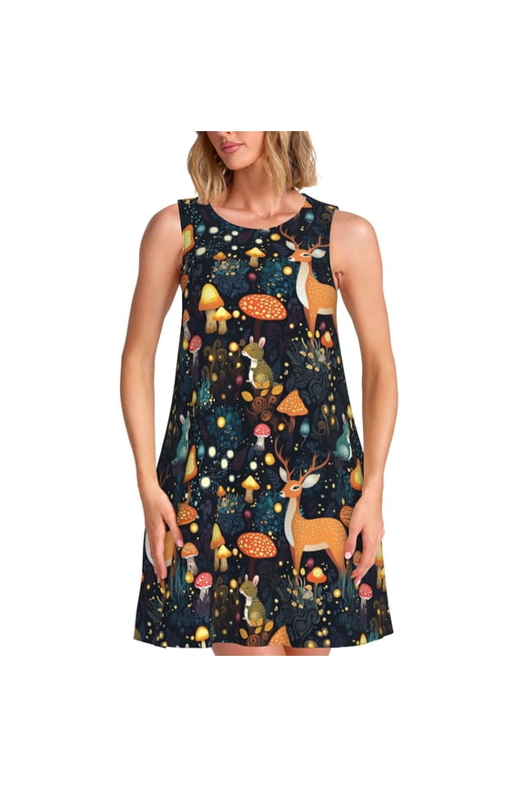 Forest Elf Print Summer Dresses for Women,Beach Sleeveless Flowy Pocket Tshirt Tank Sundresses,Women's Sleeveless Dress