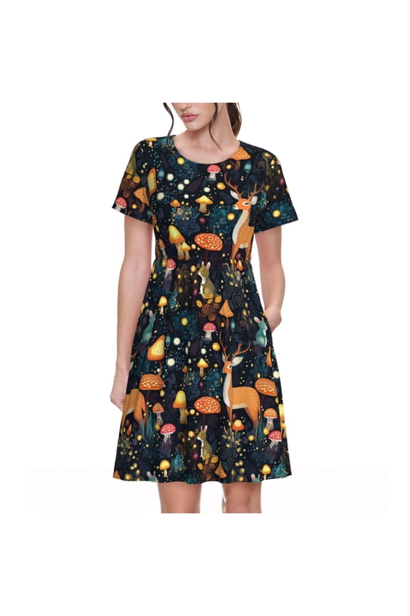 Forest Elf Print Womens Summer Dress,Casual Short Sleeve Sundresses,Beach A-line Shift Dress with Pockets