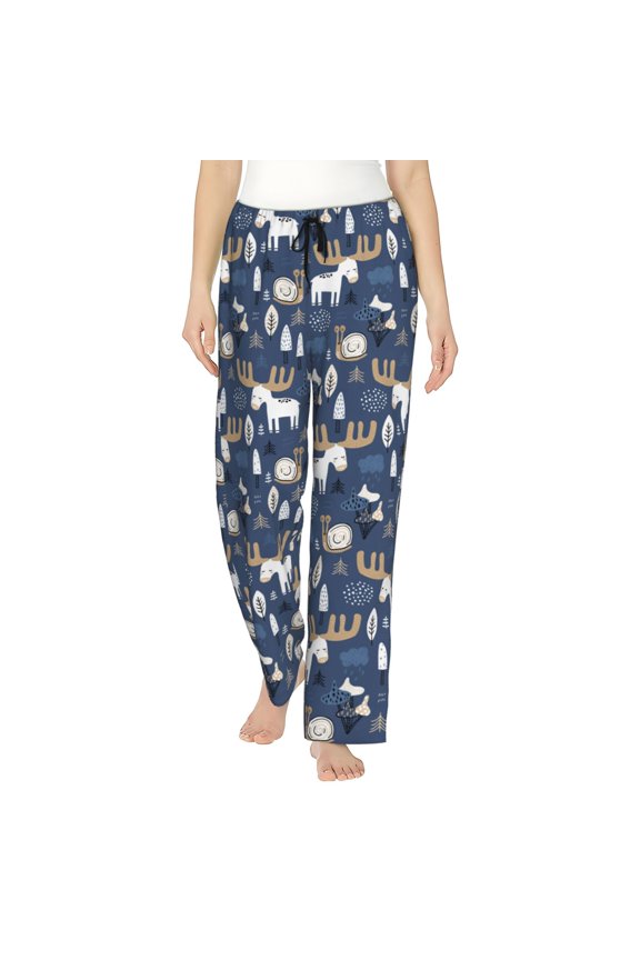 Forest Elk Print Women Pajama Pants,Comfy Pj Bottom with Pockets & Drawstring,Stretch Casual Sleepwear-Medium
