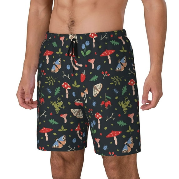 Logiee Forest Flora and Insects Print Men's Swim Trunk,Quick Dry Board Shorts ,Men's Swim Trunks with Compression Liner, Bathing Suits with Pockets-Medium