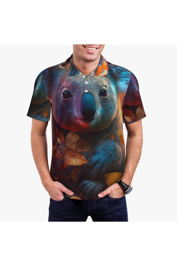 Forest Koala Print Mens Polo Shirts,Mens Golf Polo Shirts,Short Sleeve Casual Polo Shirts for Men,Summer Fashion Beach Shirts-Large