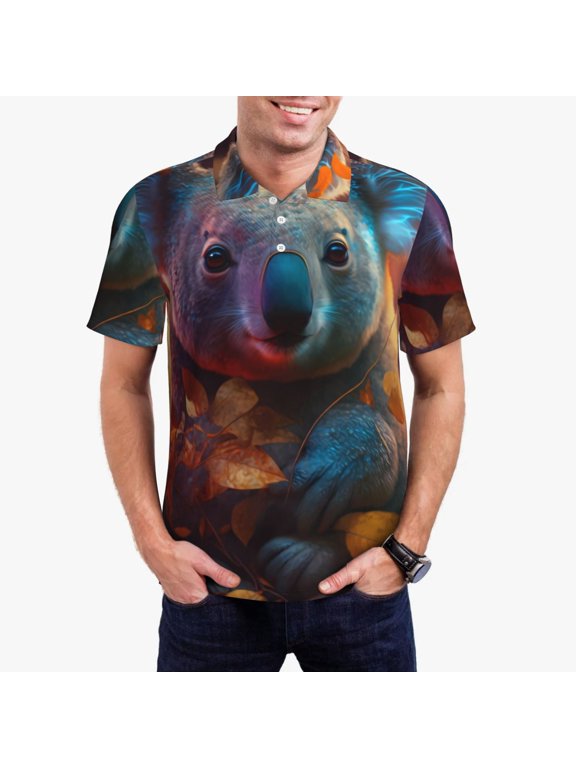 Forest Koala Print Mens Polo Shirts,Mens Golf Polo Shirts,Short Sleeve Casual Polo Shirts for Men,Summer Fashion Beach Shirts-Medium