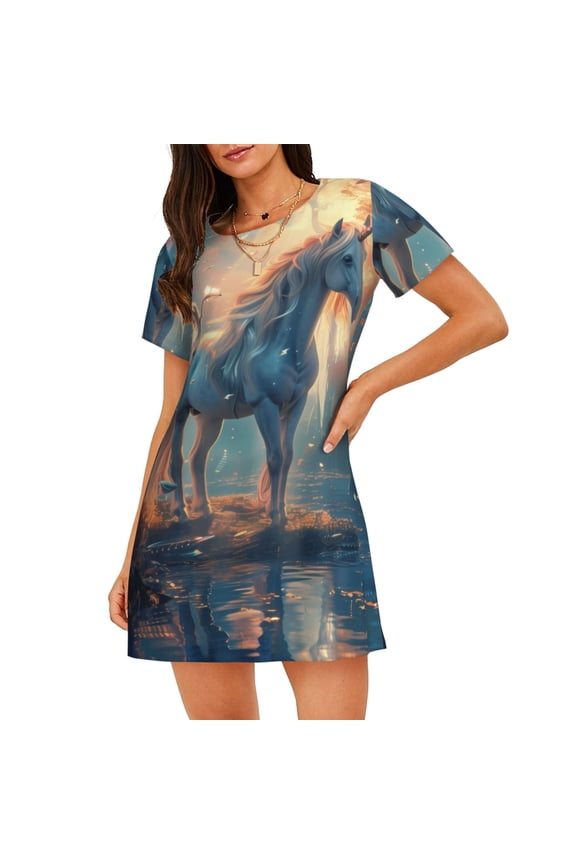 Forest Lake White Horse Print Nightgowns for Women,Soft Short-Sleeved Lightweight Sleepwear, Loose Sleepshirts