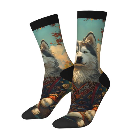 Logiee Forest Maple Leaf Husky Print Adult Socks for Men & Women,Calf Socks, Ankle Socks,Boots Socks,Breathable Casual Sock,Unisex Crew Socks