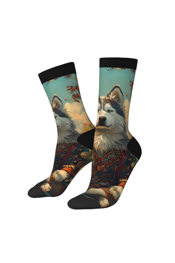 Forest Maple Leaf Husky Print Adult Socks for Men & Women,Calf Socks, Ankle Socks,Boots Socks,Breathable Casual Sock,Unisex Crew Socks