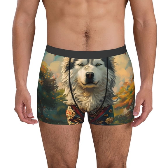 Logiee Forest Maple Leaf Husky Print Mens Boxer Briefs,Boxer Briefs for Men,Breathable Stretch Underwear,Boys Boxer Briefs-Small