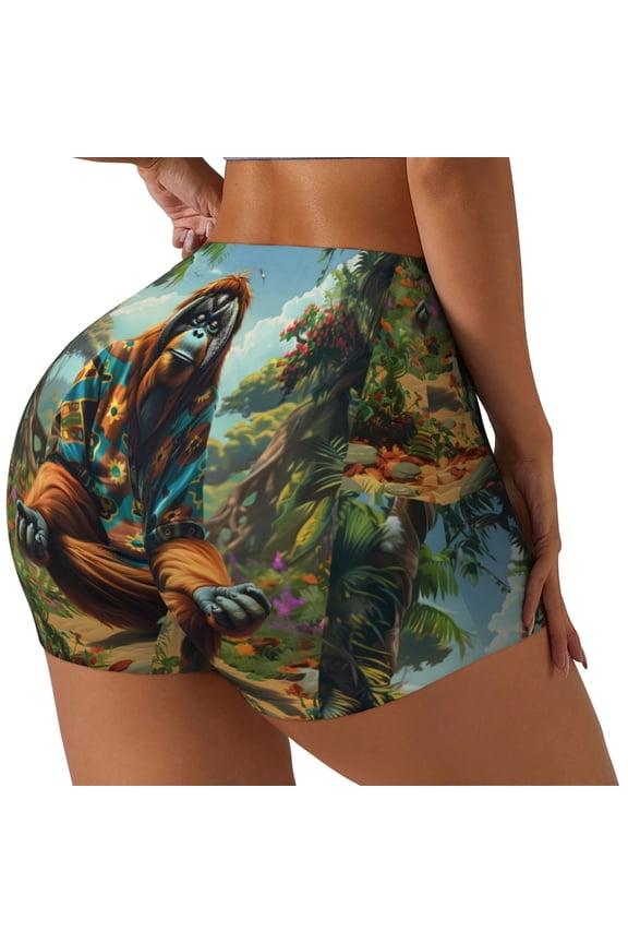 Forest Meditating Gorilla Print Women's Biker Shorts,Workout Gym Shorts,Scrunch Shorts,Tummy Control Hidden Scrunch Running Yoga Shorts-Large