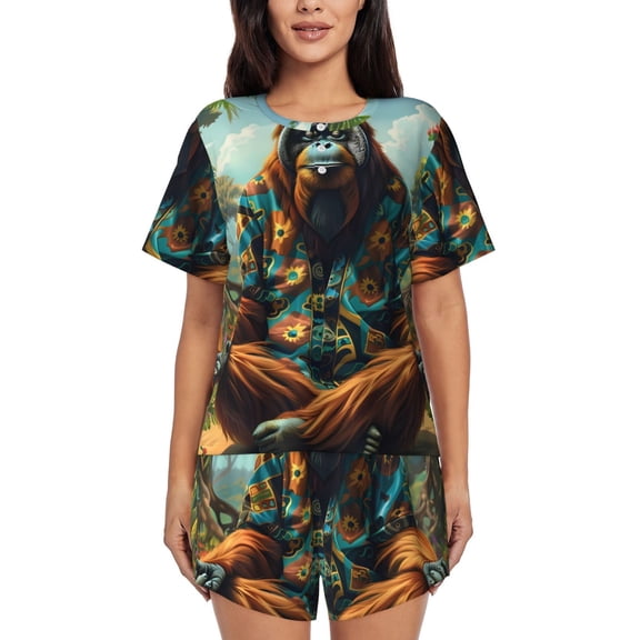 Logiee Forest Meditating Gorilla Print Womens Pajamas Set,Short-Sleeve Pajama 2 Piece Sleepwear with Pockets-Large