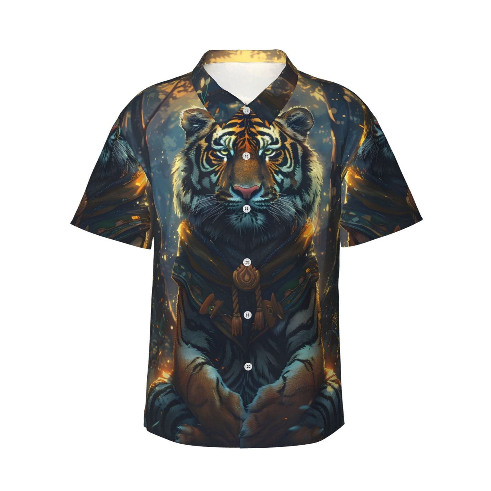 Logiee Forest Meditating Tiger Print Mens Hawaiian Shirts,Loose-Fit Short Sleeve Button Down Tropical Aloha Beach Shirt,Summer Vacation Wedding Tops,
