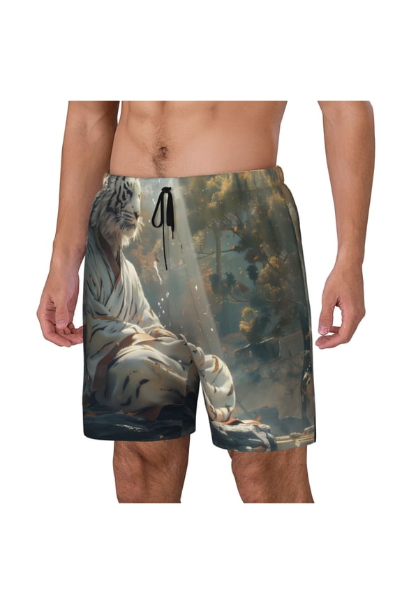 Forest Meditating White Tiger Print Men's Swim Trunk,Quick Dry Board Shorts ,Men's Swim Trunks with Compression Liner, Bathing Suits with Pockets-Small