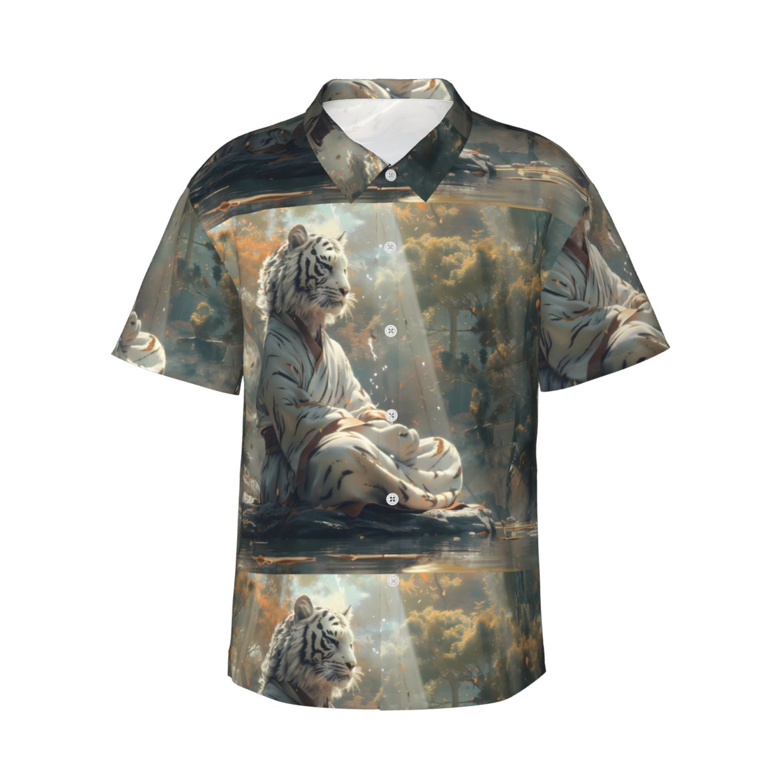 Logiee Forest Meditating White Tiger Print Mens Hawaiian Shirts,Loose-Fit Short Sleeve Button Down Tropical Aloha Beach Shirt,Summer Vacation Wedding Tops,Medium