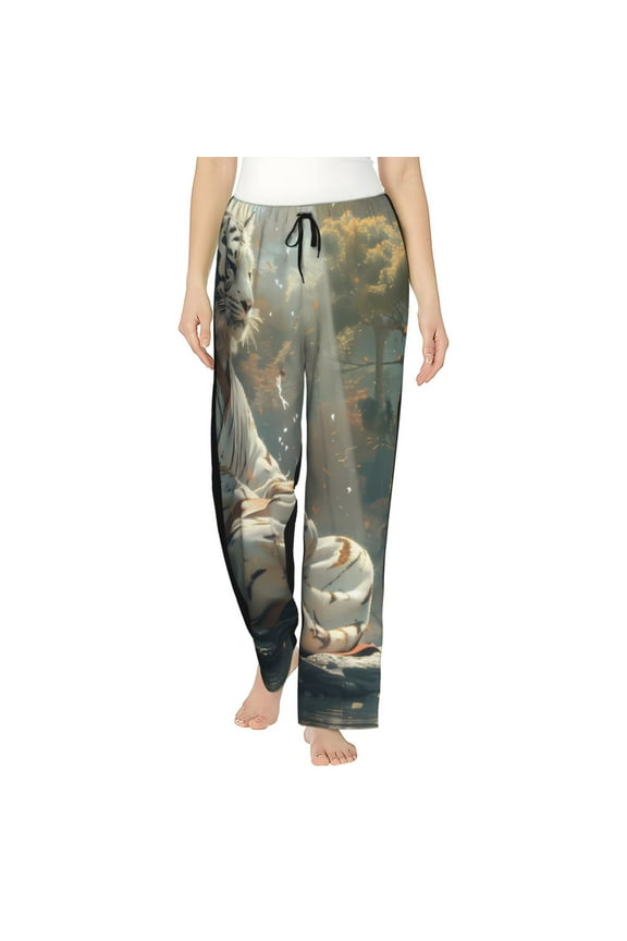 Forest Meditating White Tiger Print Women Pajama Pants,Comfy Pj Bottom with Pockets & Drawstring,Stretch Casual Sleepwear-Medium