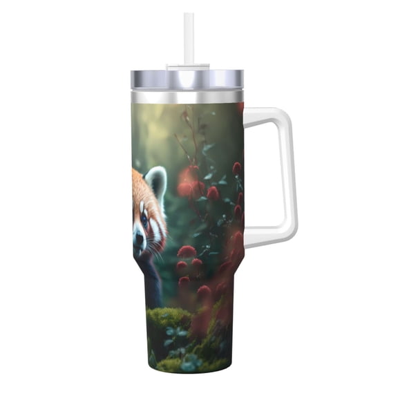 Logiee Forest Plant Raccoon Print 40OZ Ice Bully Cup with Handle and Straw, Double Wall Stainless Steel Tumbler,Travel Coffee Cup with Lid, Summer Insulation and Cooling Cup