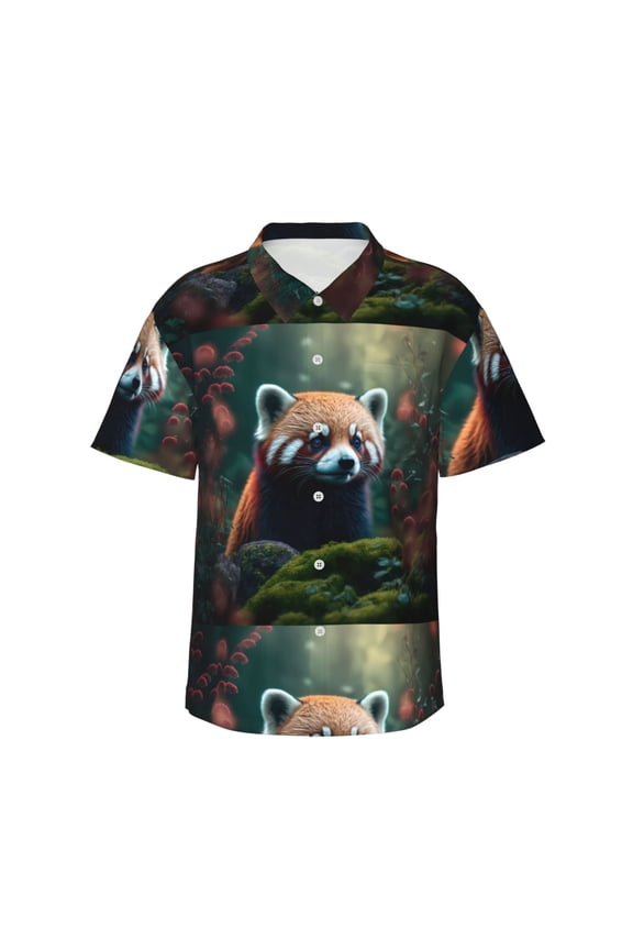 Forest Plant Raccoon Print Mens Hawaiian Shirts,Loose-Fit Short Sleeve Button Down Tropical Aloha Beach Shirt,Summer Vacation Wedding Tops,