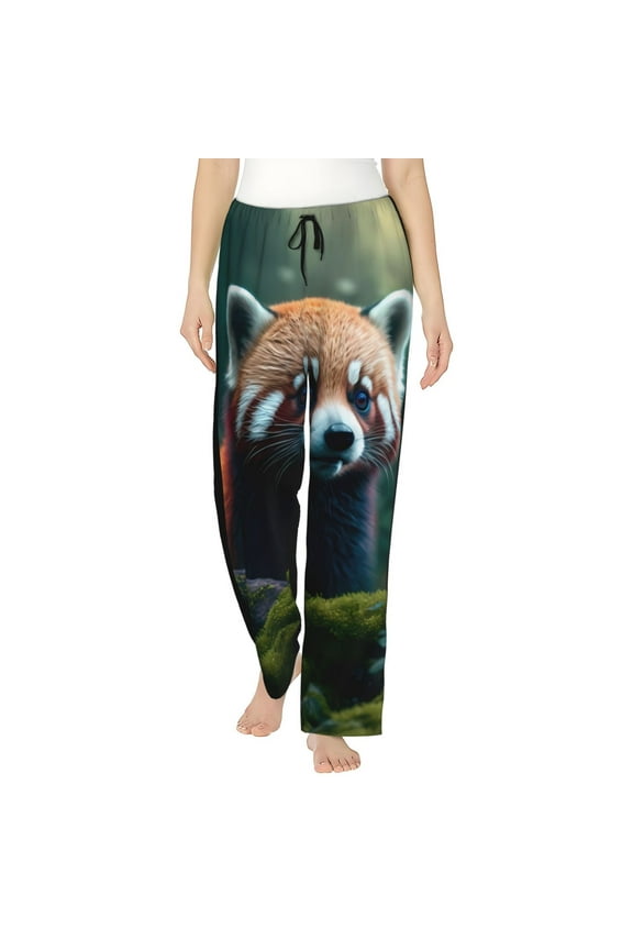 Forest Plant Raccoon Print Women Pajama Pants,Comfy Pj Bottom with Pockets & Drawstring,Stretch Casual Sleepwear-Medium