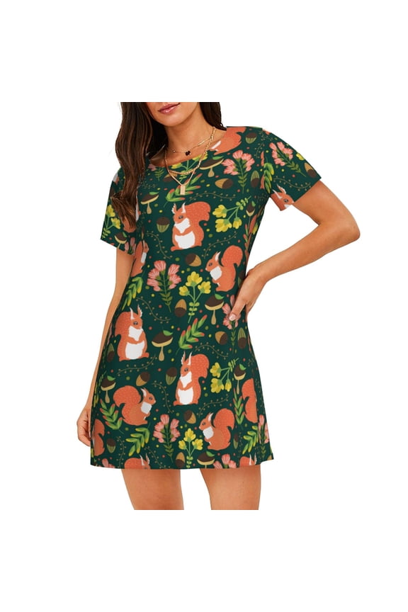Forest Squirrel Print Nightgowns for Women,Soft Short-Sleeved Lightweight Sleepwear, Loose Sleepshirts