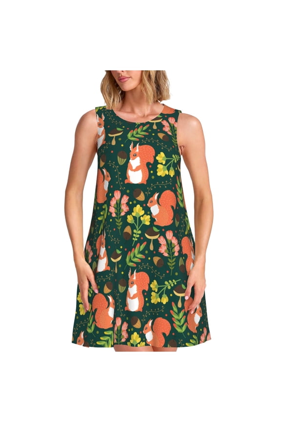 Forest Squirrel Print Summer Dresses for Women,Beach Sleeveless Flowy Pocket Tshirt Tank Sundresses,Women's Sleeveless Dress