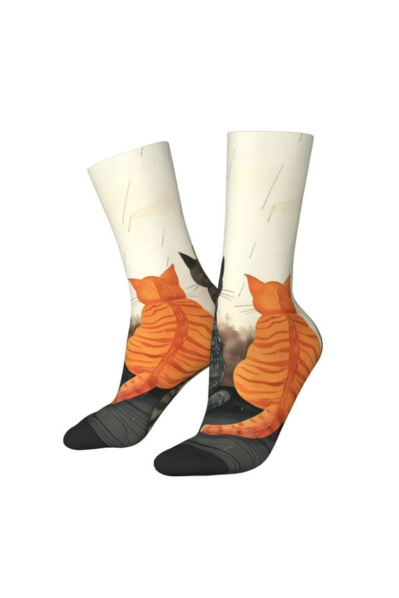 Four Cats Watching Rain Print Adult Socks for Men & Women,Calf Socks, Ankle Socks,Boots Socks,Breathable Casual Sock,Unisex Crew Socks