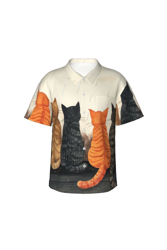 Four Cats Watching Rain Print Mens Hawaiian Shirts,Loose-Fit Short Sleeve Button Down Tropical Aloha Beach Shirt,Summer Vacation Wedding Tops,X-Large