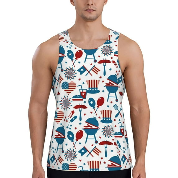 Logiee Fourth Of July Party Print Men's Workout Tank Top,Quick Dry Workout Tank Top,Gym Muscle Tee,Fitness Bodybuilding Sleeveless T Shirt-Large