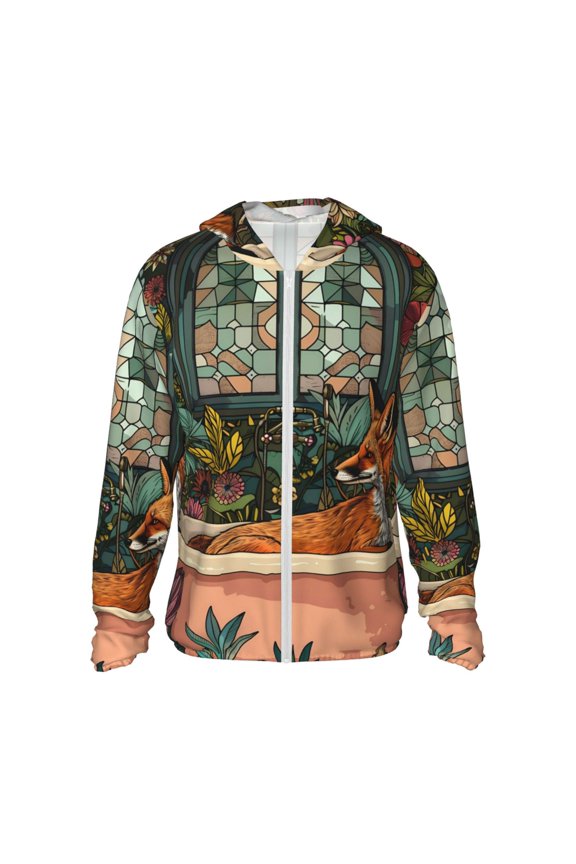 Fox Bathtub Floral Art Print Men's Women Light Jacket Full Zip Sun Protection Hoodie Long Sleeve Sun Shirts for Men Hiking Fishing Zip Pockets-Medium