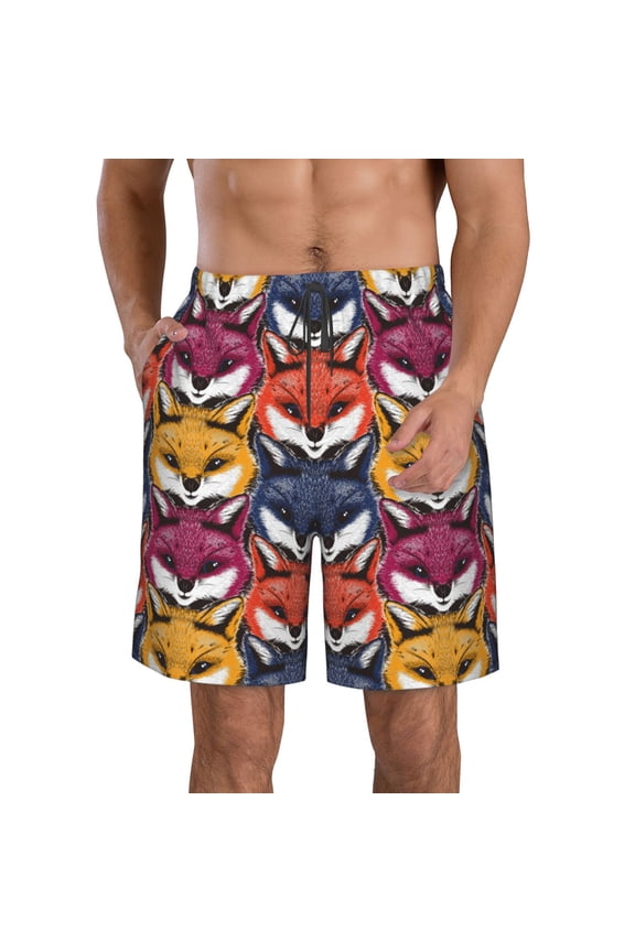 Fox Face Print Mens Swim Trunks Quick Dry Board Shorts,Breathable Hawaii Beach Shorts Swimwear Bathing Suits-Large