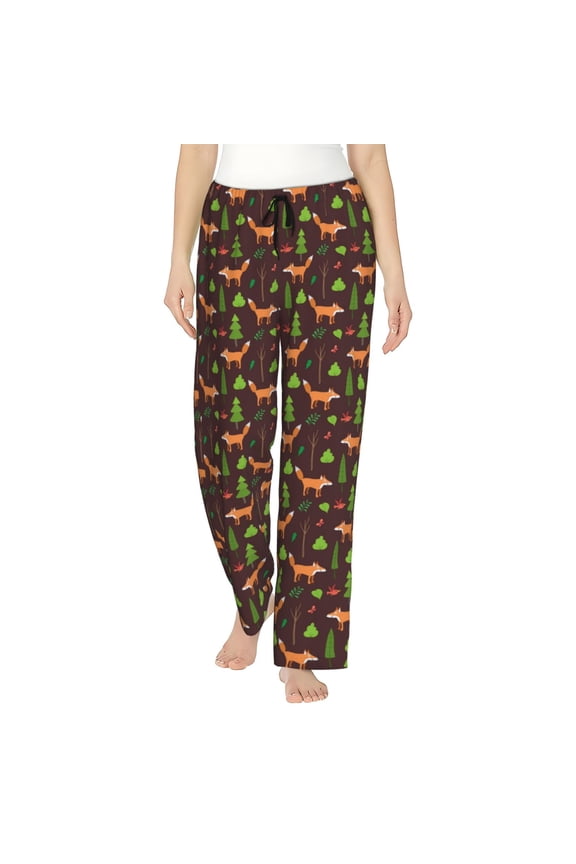 Fox In Forest Print Women Pajama Pants,Comfy Pj Bottom with Pockets & Drawstring,Stretch Casual Sleepwear-Medium