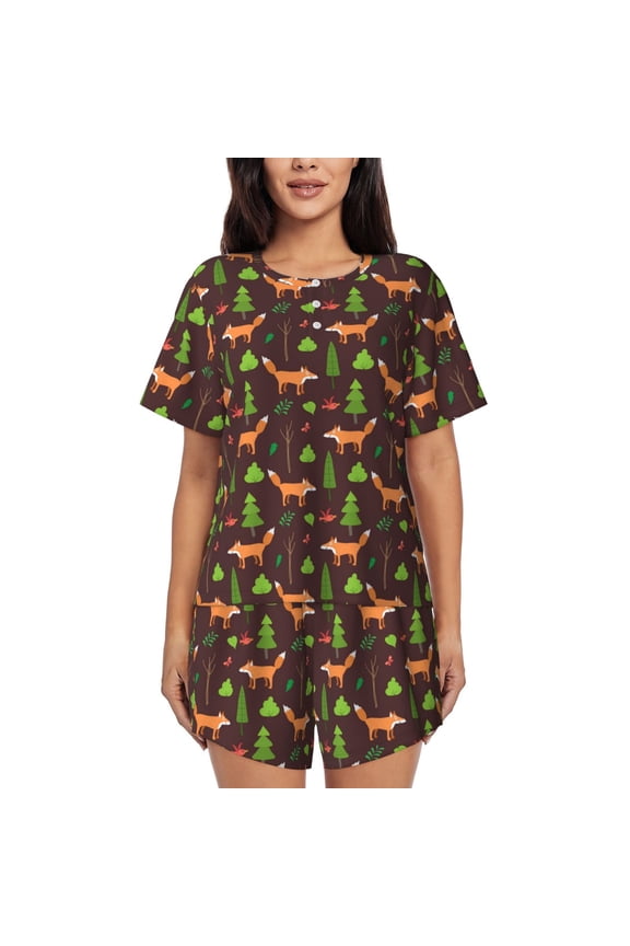Fox In Forest Print Womens Pajamas Set,Short-Sleeve Pajama 2 Piece Sleepwear with Pockets-Small