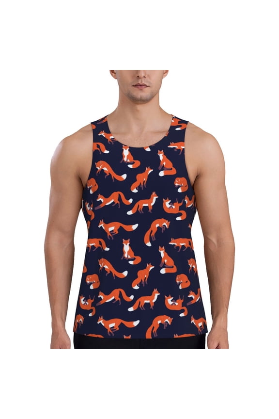 Foxes In Different Poses Print Men's Workout Tank Top,Quick Dry Workout Tank Top,Gym Muscle Tee,Fitness Bodybuilding Sleeveless T Shirt-Large