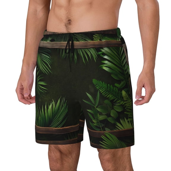 Logiee Framed Greenery Wall Art Print Men's Swim Trunk,Quick Dry Board Shorts ,Men's Swim Trunks with Compression Liner, Bathing Suits with Pockets-Medium