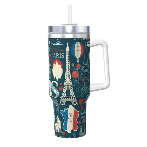 Logiee France and Paris Print 40OZ Ice Bully Cup with Handle and Straw, Double Wall Stainless Steel Tumbler,Travel Coffee Cup with Lid, Summer Insulation and Cooling Cup