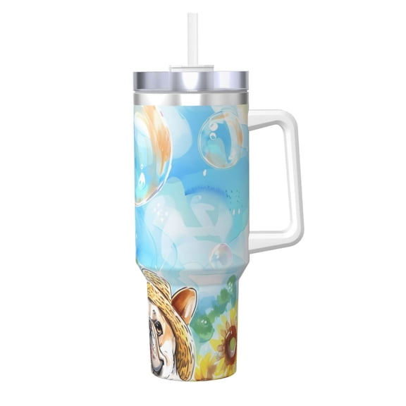 Logiee French Bulldog Sunflowers Bubbles Print 40OZ Ice Bully Cup with Handle and Straw, Double Wall Stainless Steel Tumbler,Travel Coffee Cup with Lid, Summer Insulation and Cooling Cup