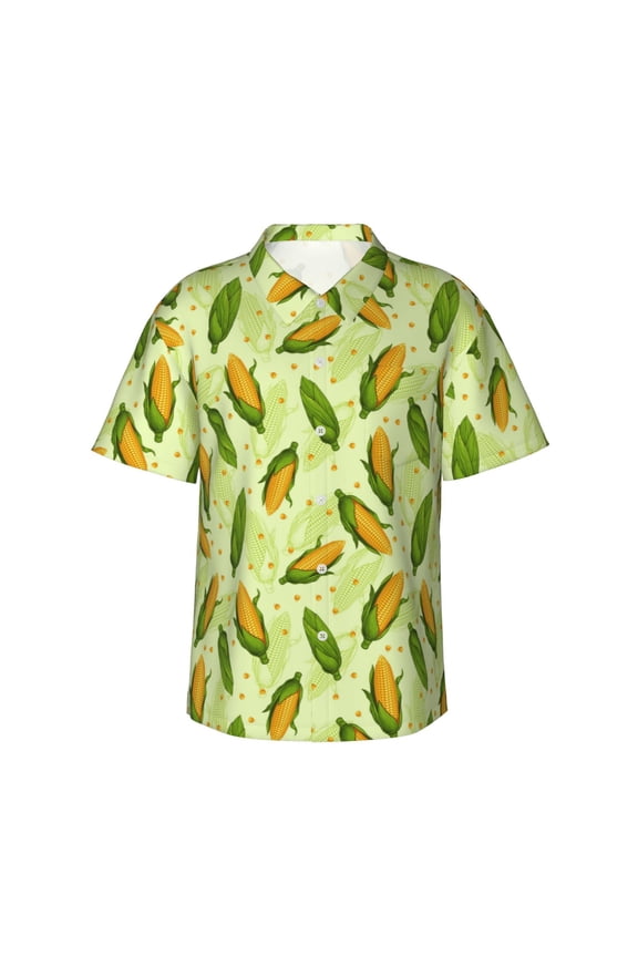 Fresh Corn Print Mens Hawaiian Shirts,Loose-Fit Short Sleeve Button Down Tropical Aloha Beach Shirt,Summer Vacation Wedding Tops,Small