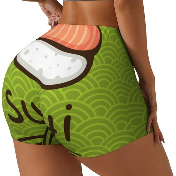 Logiee Fresh Sushi Print Women's Biker Shorts,Workout Gym Shorts,Scrunch Shorts,Tummy Control Hidden Scrunch Running Yoga Shorts-Large