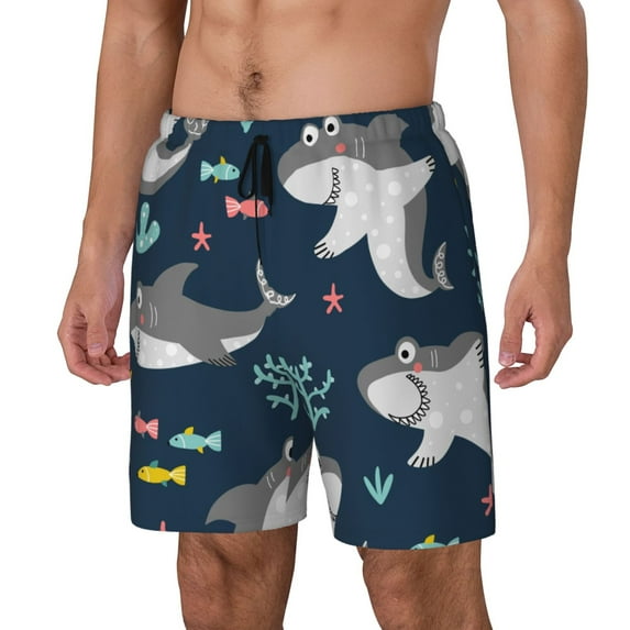 Logiee Friendly Smiling Sharks Print Men's Swim Trunk,Quick Dry Board Shorts ,Men's Swim Trunks with Compression Liner, Bathing Suits with Pockets-3X-Large