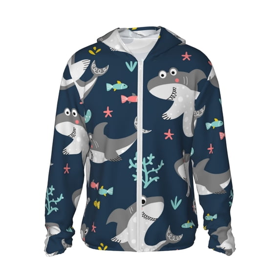 Logiee Friendly Smiling Sharks Print Men's Women Light Jacket Full Zip Sun Protection Hoodie Long Sleeve Sun Shirts for Men Hiking Fishing Zip Pockets-Small
