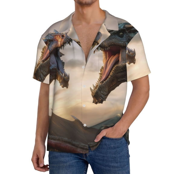 Logiee Friendship Dragon Print Men's Button Down Shirts Short Sleeve, Summer Beach Shirts,Vacation Wedding Shirts,Men's Casual Button-Down Shirts with Pocket-Large