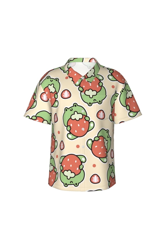Frog Hold Strawberry Print Mens Hawaiian Shirts,Loose-Fit Short Sleeve Button Down Tropical Aloha Beach Shirt,Summer Vacation Wedding Tops,Large