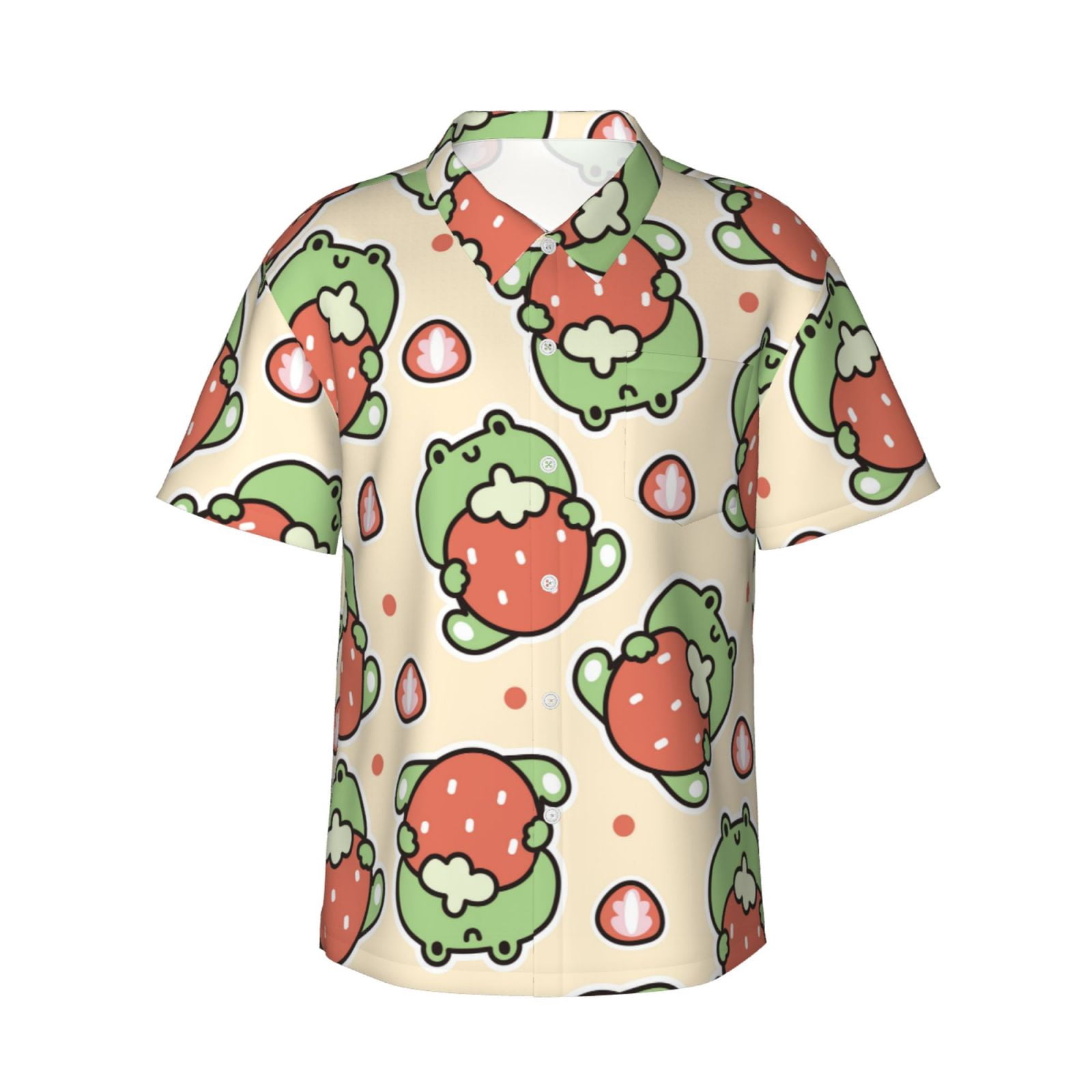 Logiee Frog Hold Strawberry Print Mens Hawaiian Shirts,Loose-Fit Short ...