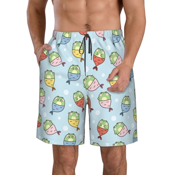Logiee Frog In Mermaid Print Mens Swim Trunks Quick Dry Board Shorts,Breathable Hawaii Beach Shorts Swimwear Bathing Suits-3X-Large