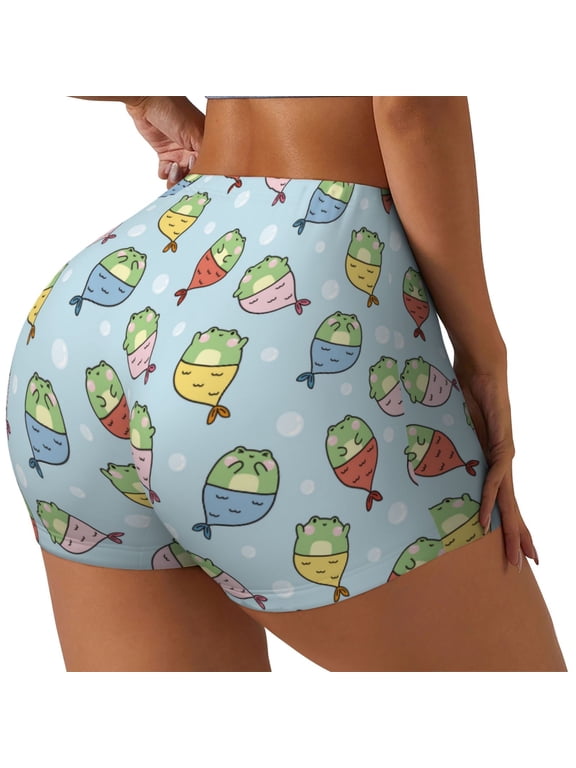 Frog In Mermaid Print Women's Biker Shorts,Workout Gym Shorts,Scrunch Shorts,Tummy Control Hidden Scrunch Running Yoga Shorts-X-Large