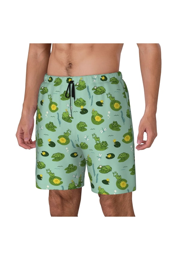 Froggs In The Lake Print Men's Swim Trunk,Quick Dry Board Shorts ,Men's Swim Trunks with Compression Liner, Bathing Suits with Pockets-Medium