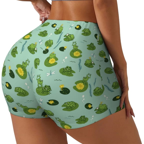 Logiee Froggs In The Lake Print Women's Biker Shorts,Workout Gym Shorts,Scrunch Shorts,Tummy Control Hidden Scrunch Running Yoga Shorts-X-Large