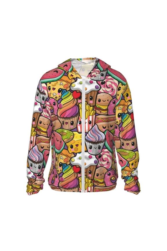 Fruit-Flavored Ice-Cream Print Men's Women Light Jacket Full Zip Sun Protection Hoodie Long Sleeve Sun Shirts for Men Hiking Fishing Zip Pockets-Large