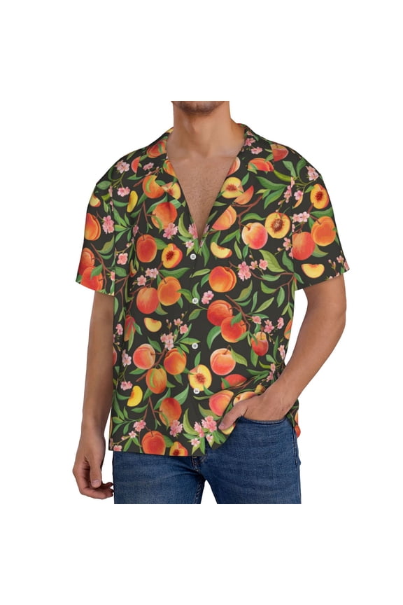 Fruits Peach Print Men's Button Down Shirts Short Sleeve, Summer Beach Shirts,Vacation Wedding Shirts,Men's Casual Button-Down Shirts with Pocket-Small